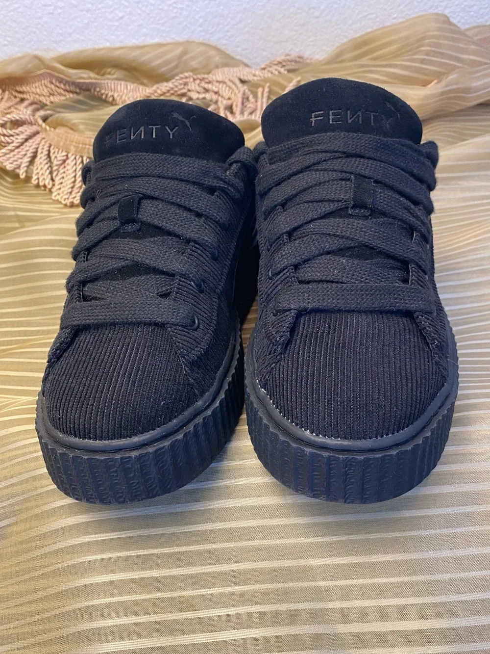 PUMA FENTY Black Corduroy Platform Lace-Up Sneakers, size 8.5